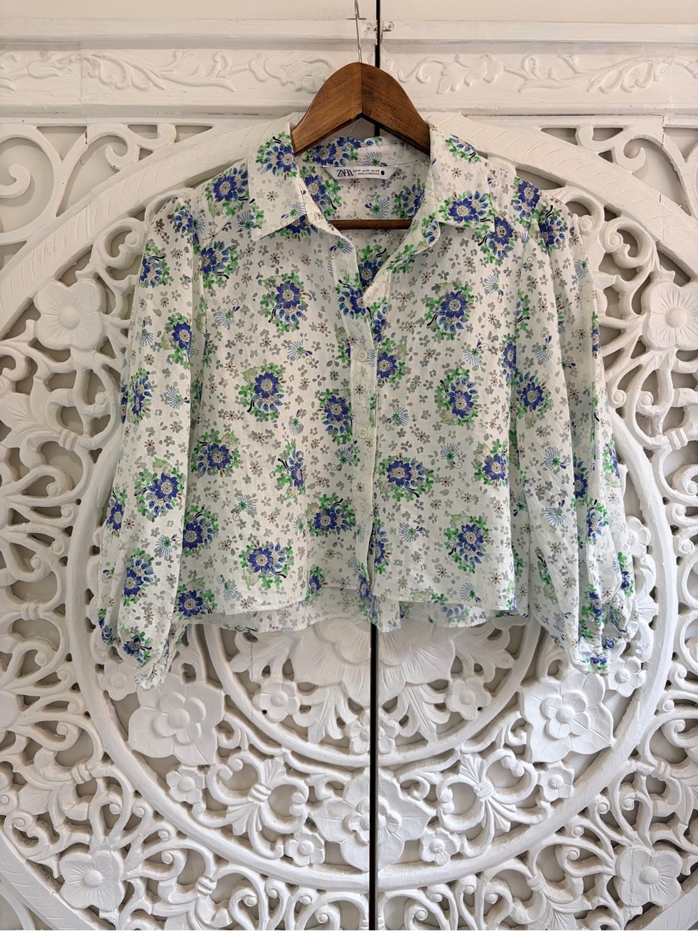 Zara Blue Green Floral Cropped Button Up Blouse Balloon Sleeves M